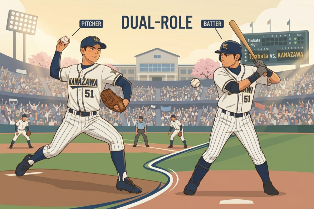 高校時代に二刀流として活躍する様子を表現した画像