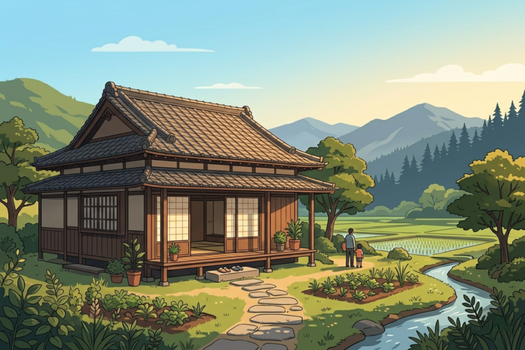 大谷翔平の実家や地元の環境をイメージした風景イラスト