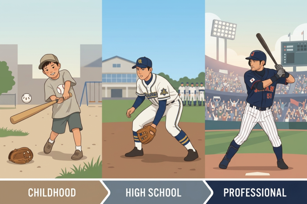 大谷翔平の生い立ちを時系列で表現したイメージ画像