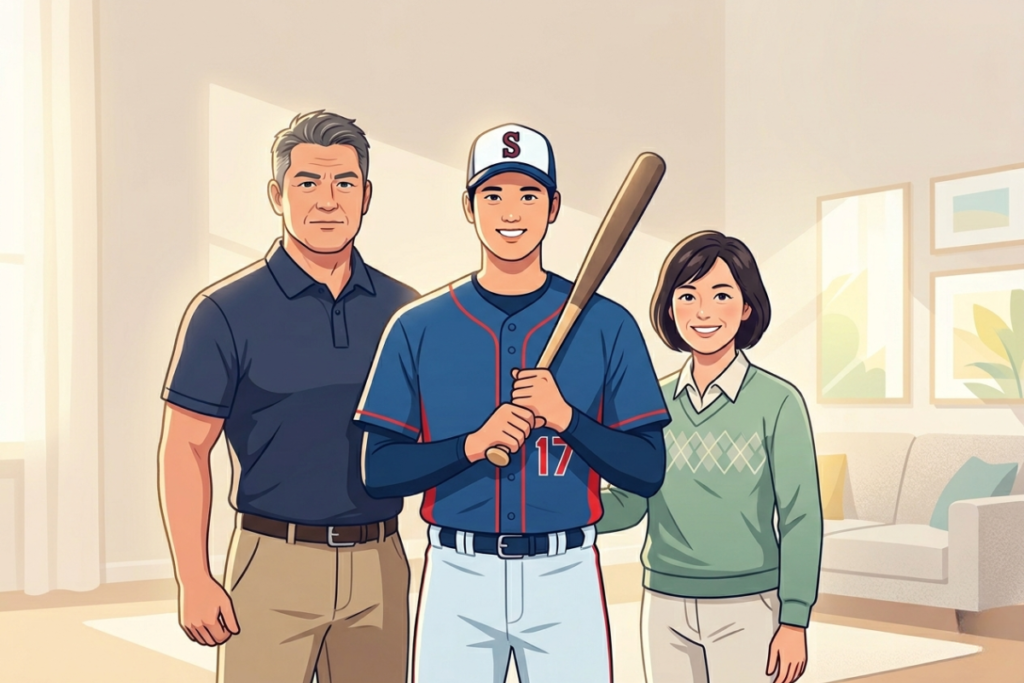大谷翔平と両親の関係性をイメージした家族構成のイラスト