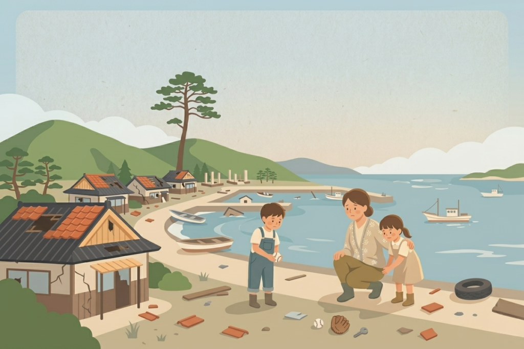 震災で被害を受けた沿岸地域をイメージしたイラスト