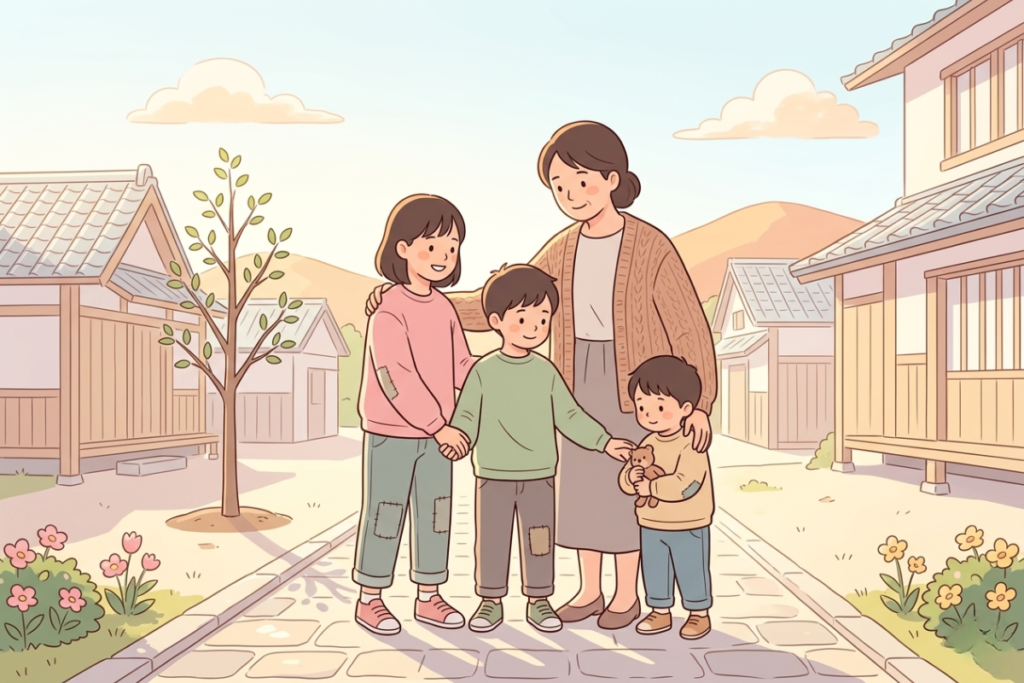 震災後に支え合いながら生活する家族をイメージしたイラスト