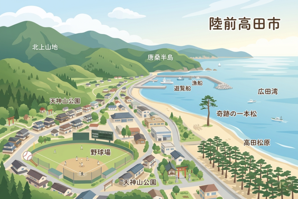 佐々木朗希の実家がある岩手県陸前高田市をイメージした風景イラスト