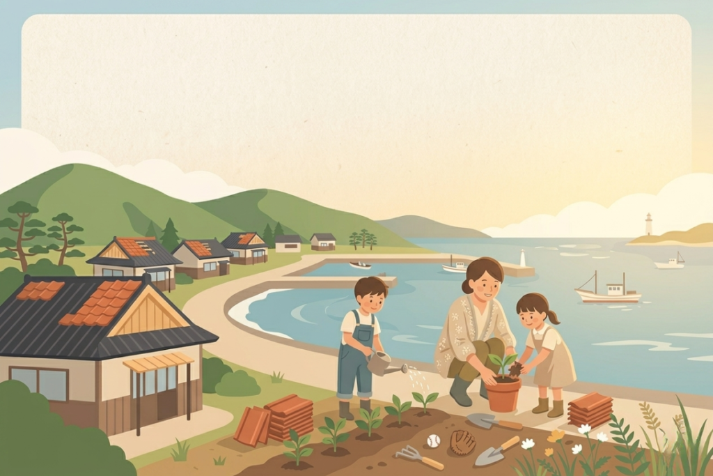 震災で被害を受けた沿岸地域をイメージしたイラスト