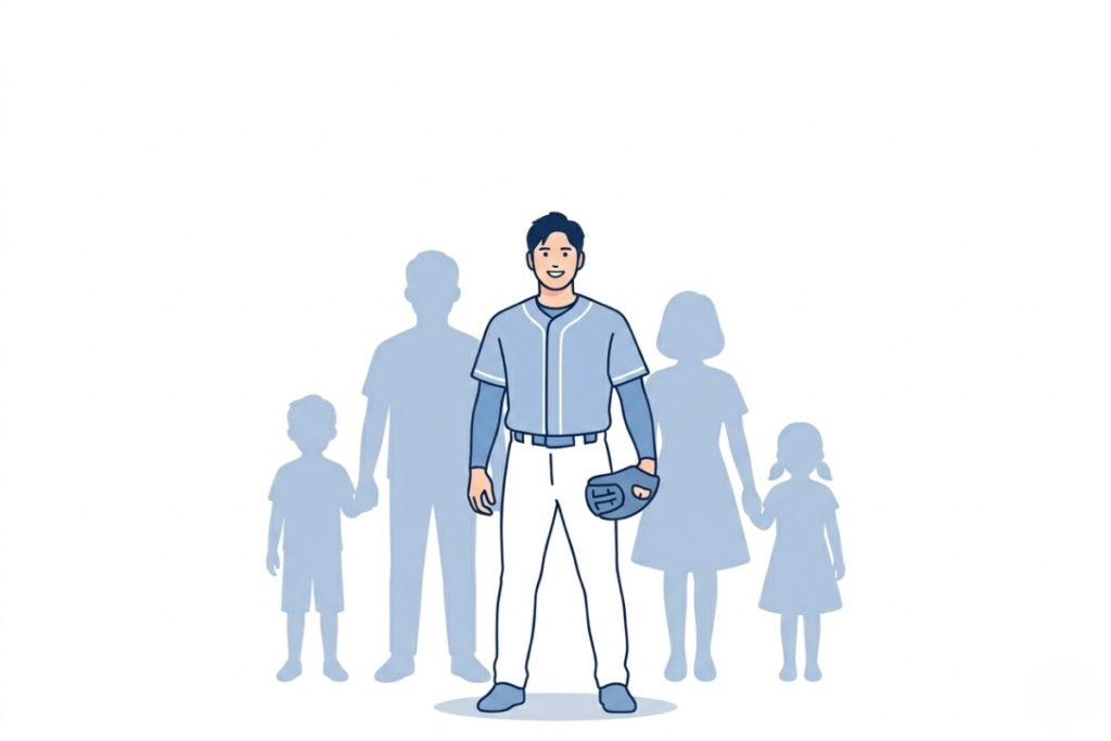 大谷翔平の家族構成をイメージしたイラスト（父・母・兄・姉の5人家族）