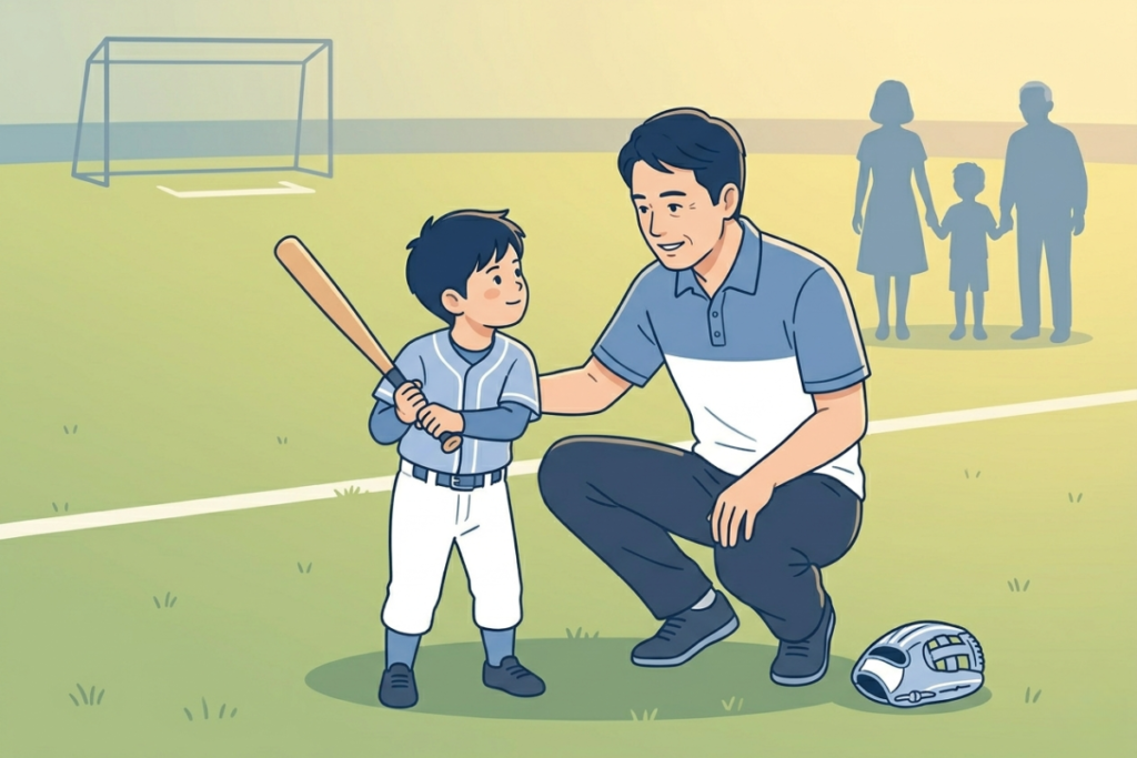 父親が野球を教える様子をイメージした画像