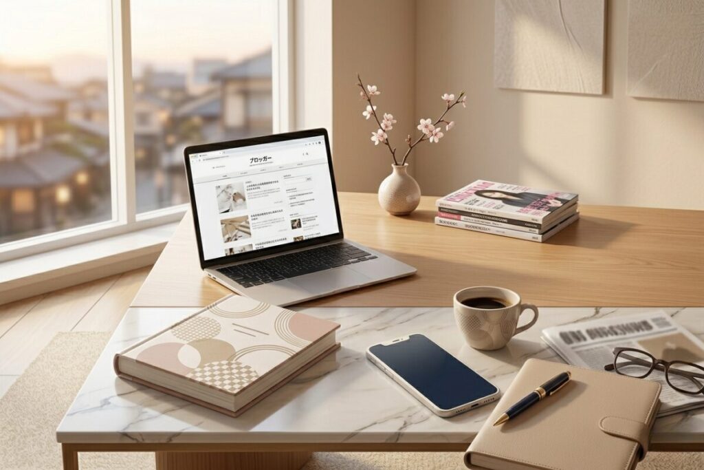 ブログ管理者がコメントを書いている雰囲気を表現した、デスク周りのブログ用画像