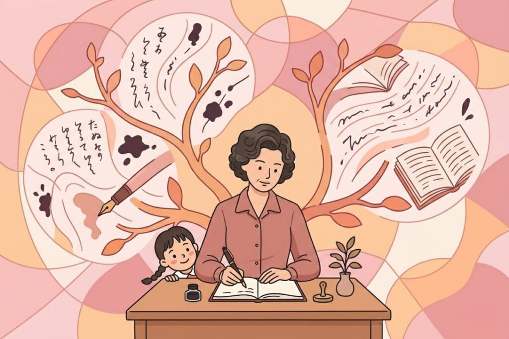 机でエッセイを書く黒柳朝と、それを見つめるトットちゃんのイラスト。