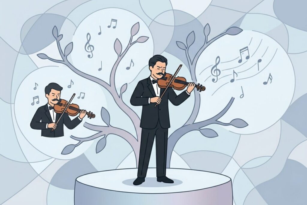 タキシード姿でヴァイオリンを奏でる、黒柳徹子の父・守綱のイラスト。