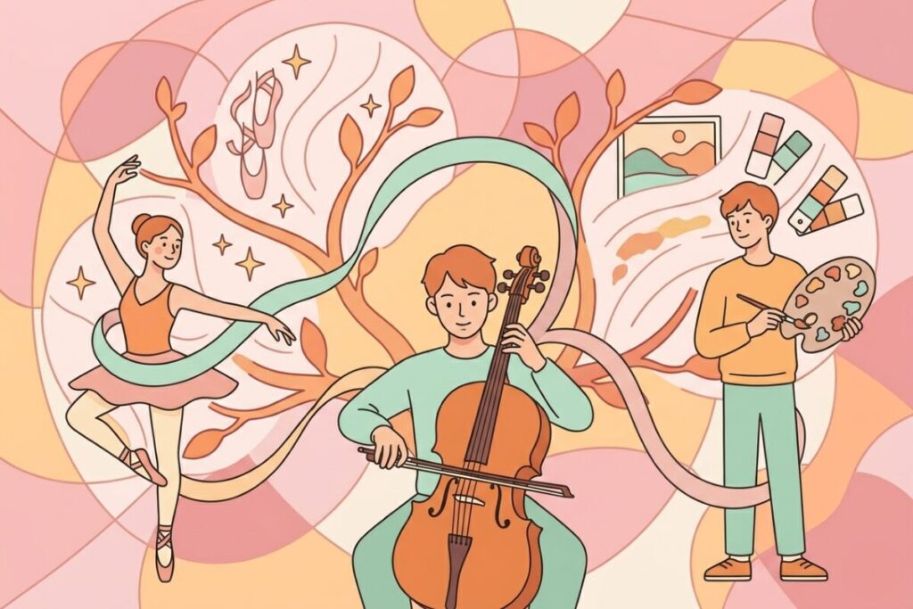 チェロ、バレエ、絵画のパレットを持つ、黒柳徹子の兄弟姉妹の才能を表すイラスト。