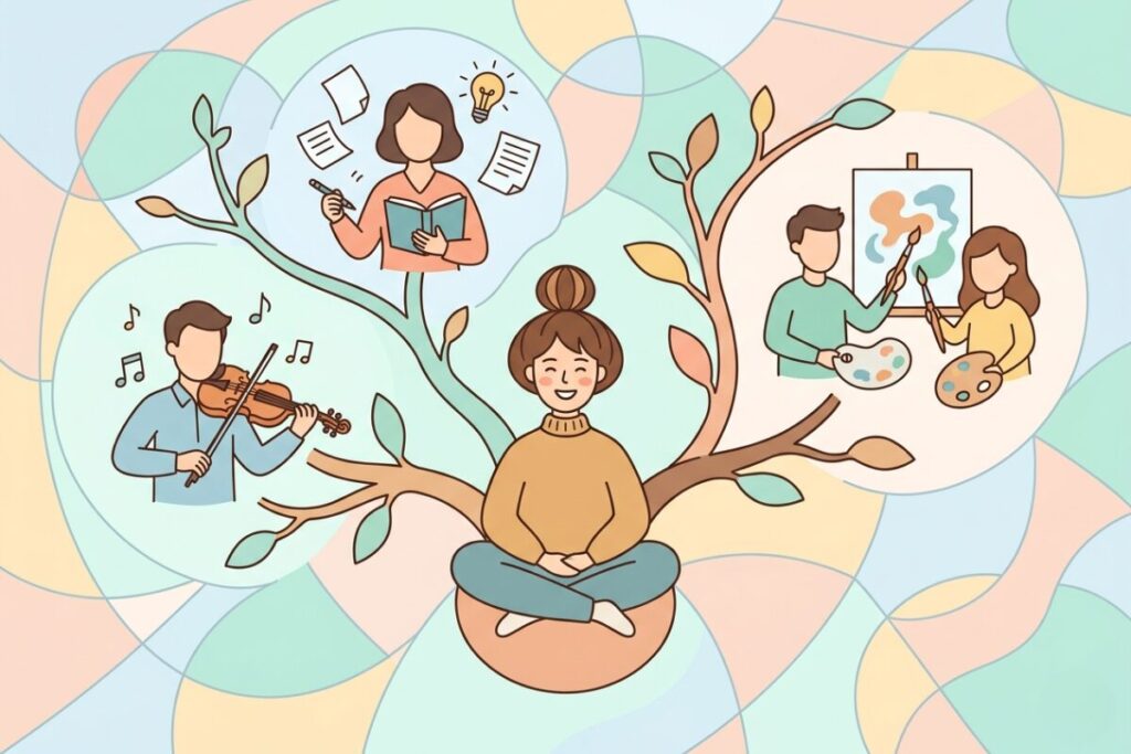 黒柳徹子を中心とした、音楽家や作家が並ぶ華やかな家系図のフラットイラスト。