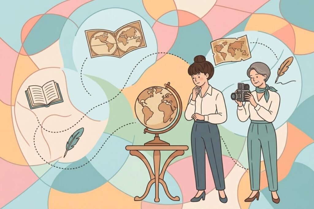 地球儀を囲む黒柳徹子と兼高かおる。親戚ではなく、知的な絆で結ばれた先輩後輩のイラスト。