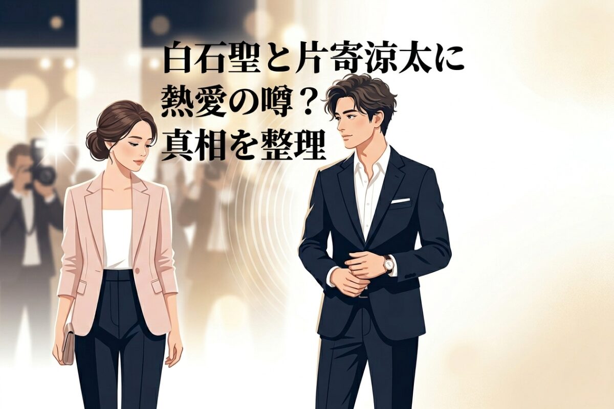 白石聖と片寄涼太の熱愛の噂をテーマにした、記事タイトル入りの上品な芸能ニュース風アイキャッチ画像