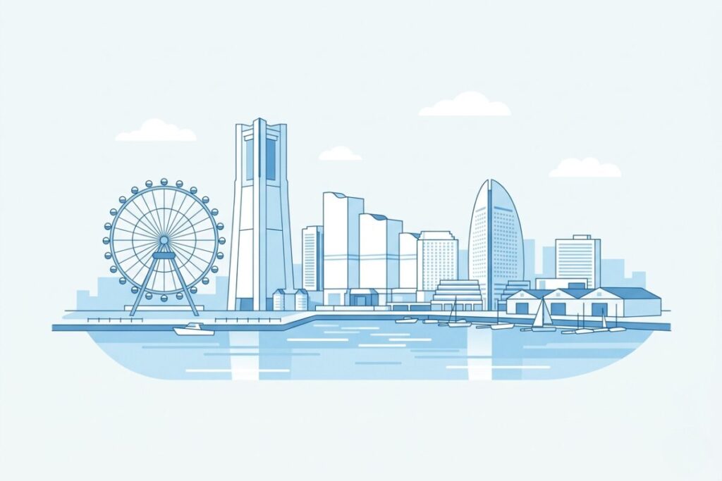 横浜の街並みと港をイメージしたシンプルなフラットイラスト