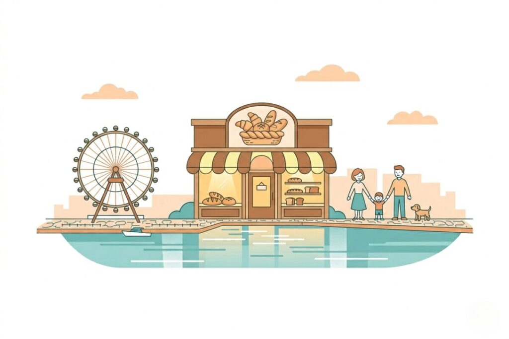 パン屋さんの外観と焼きたてパンのシンプルなイラスト