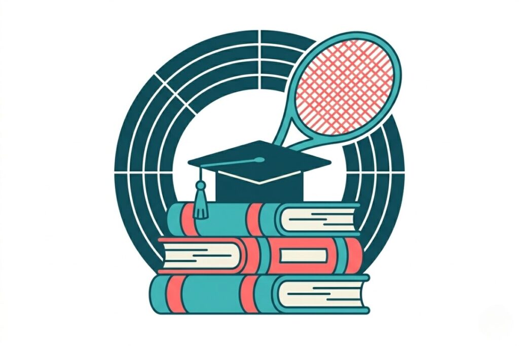 瀧脇笙古さんの学生時代をイメージした、本、卒業帽、テニスラケット、ランニングコースのイラスト。