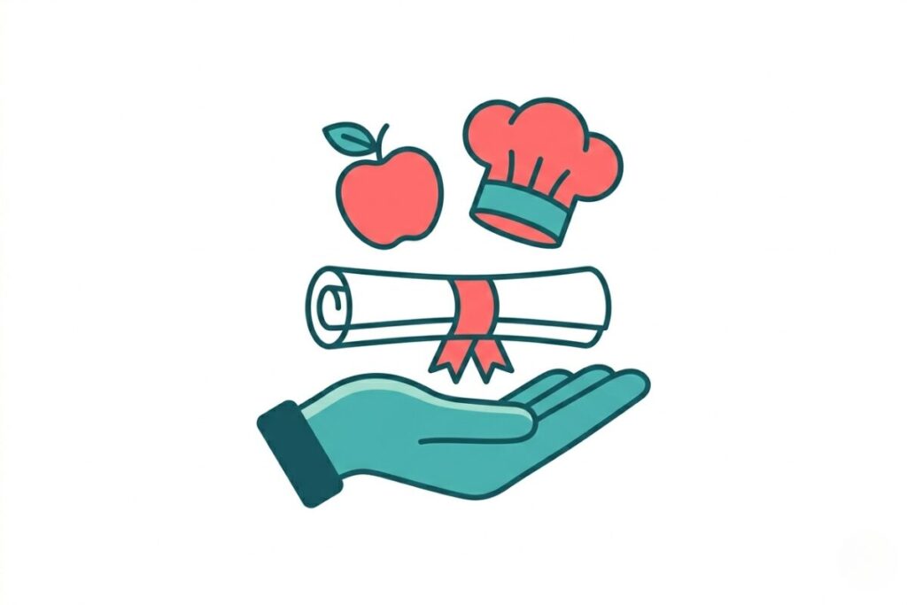 食生活指導士2級の資格取得など、瀧脇笙古さんの自己成長をイメージした、証書と料理アイコンのイラスト。