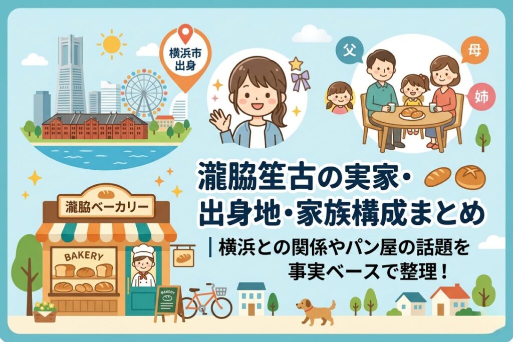 瀧脇笙古の出身地・横浜の街並みとパン屋をモチーフにしたフラットイラストのアイキャッチ画像。中央に記事タイトル「瀧脇笙古の実家・出身地・家族構成まとめ｜横浜との関係やパン屋の話題を事実ベースで整理！」の文字。