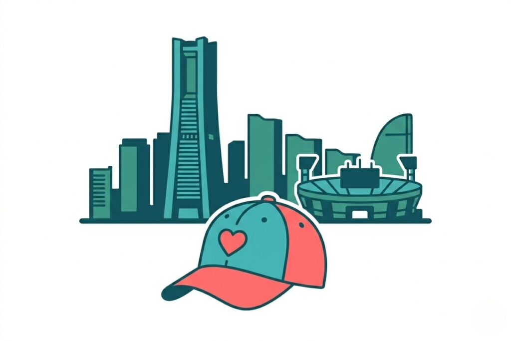 横浜の街並みと、ベイスターズファンを象徴する野球帽が描かれた、瀧脇笙古さんの地元愛のイメージイラスト。