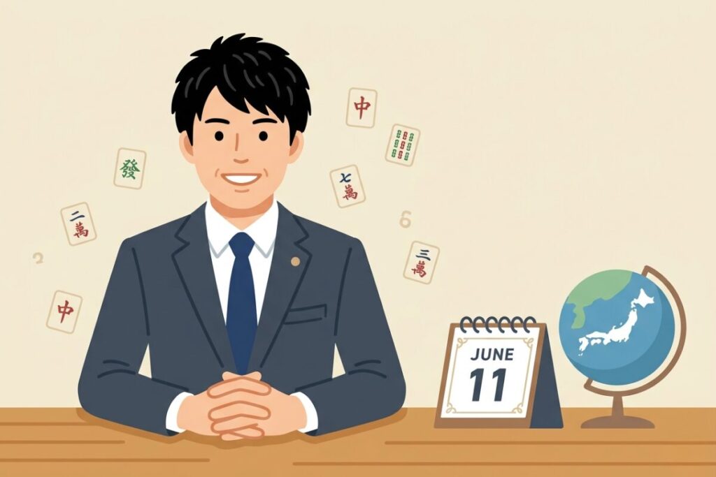 黒いジャケットを着た笑顔の日本人男性(本田朋広選手)のシンプルなフラットイラスト。背景には「6月11日」と書かれたカレンダーと地球儀が配置されている。