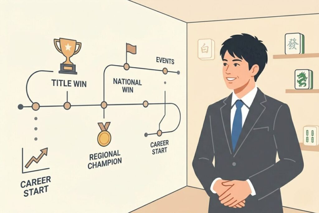 黒いジャケットを着た笑顔の日本人男性(本田朋広選手)のフラットイラスト。背景にはトロフィーや実績が描かれたシンプルな経歴年表がある。