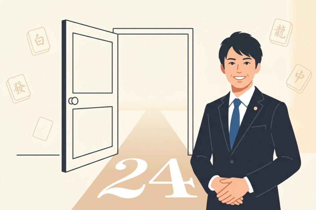 黒いジャケットを着た日本人男性(本田朋広選手)のフラットイラスト。開いた扉と「24」という数字が描かれており、プロ入りの時期を表現している。