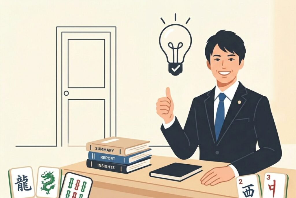 黒いジャケットを着た笑顔で親指を立てる日本人男性(本田朋広選手)のフラットイラスト。電球と積み上げられた本がまとめと今後の活躍を表現している。