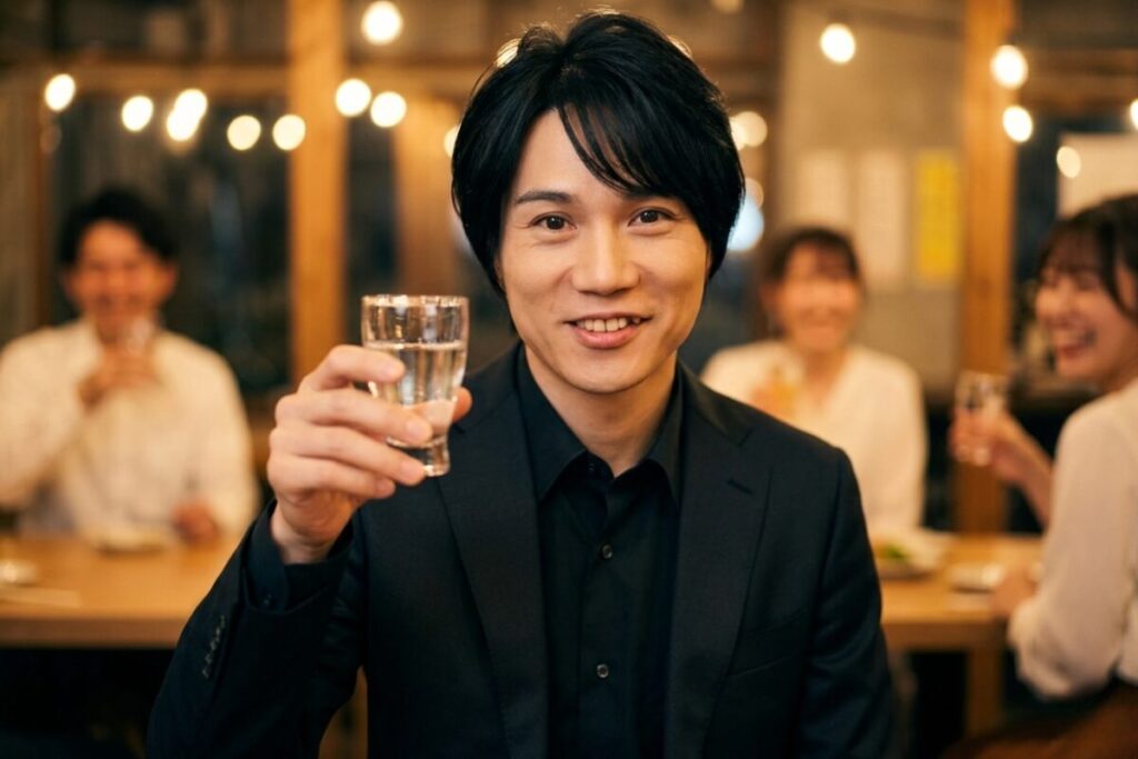黒いジャケットに右手でグラスを持つプロ雀士本田朋広