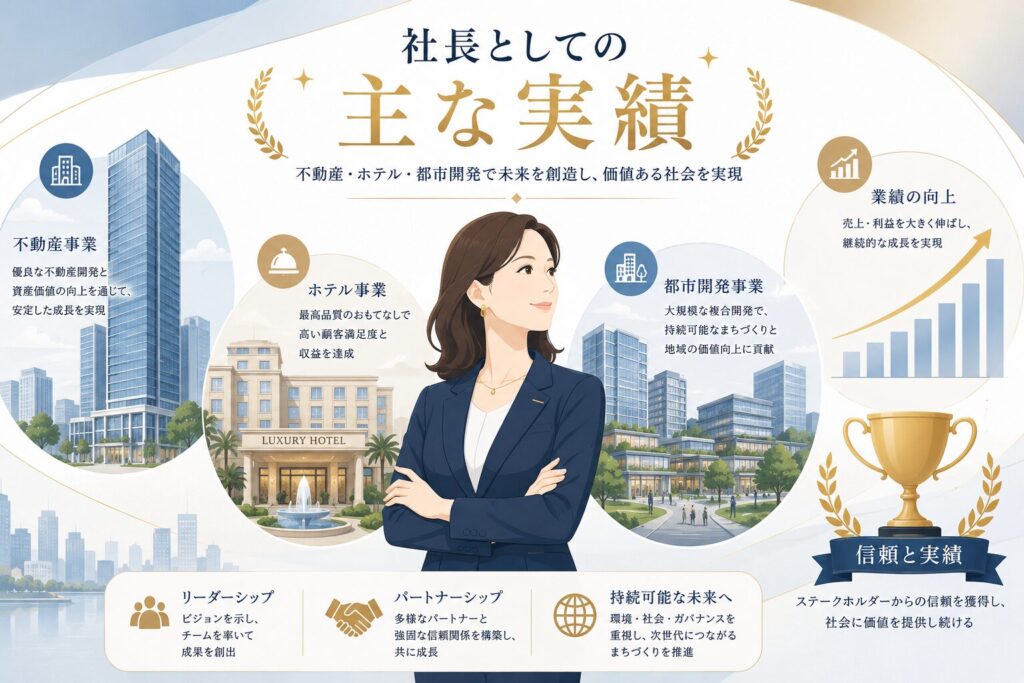 伊達美和子さんの社長としての実績を、ホテル・都市開発・成長グラフなどで表現したフラットイラスト
