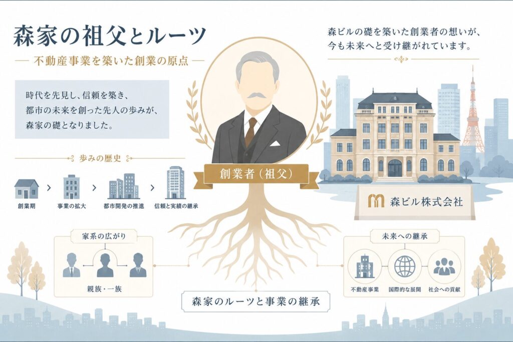 森家のルーツや祖父・森泰吉郎氏、父・森章氏から伊達美和子さんへの事業承継をイメージしたフラットイラスト