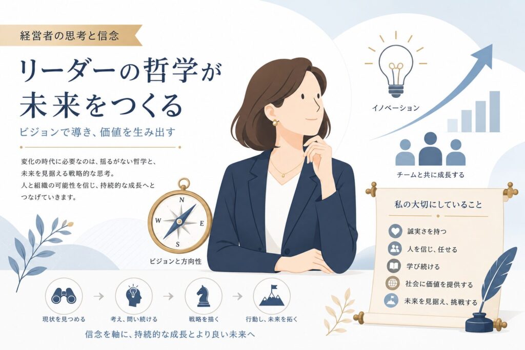 伊達美和子さんのリーダーシップや経営哲学を、方位磁針やチームアイコンで表現したフラットイラスト