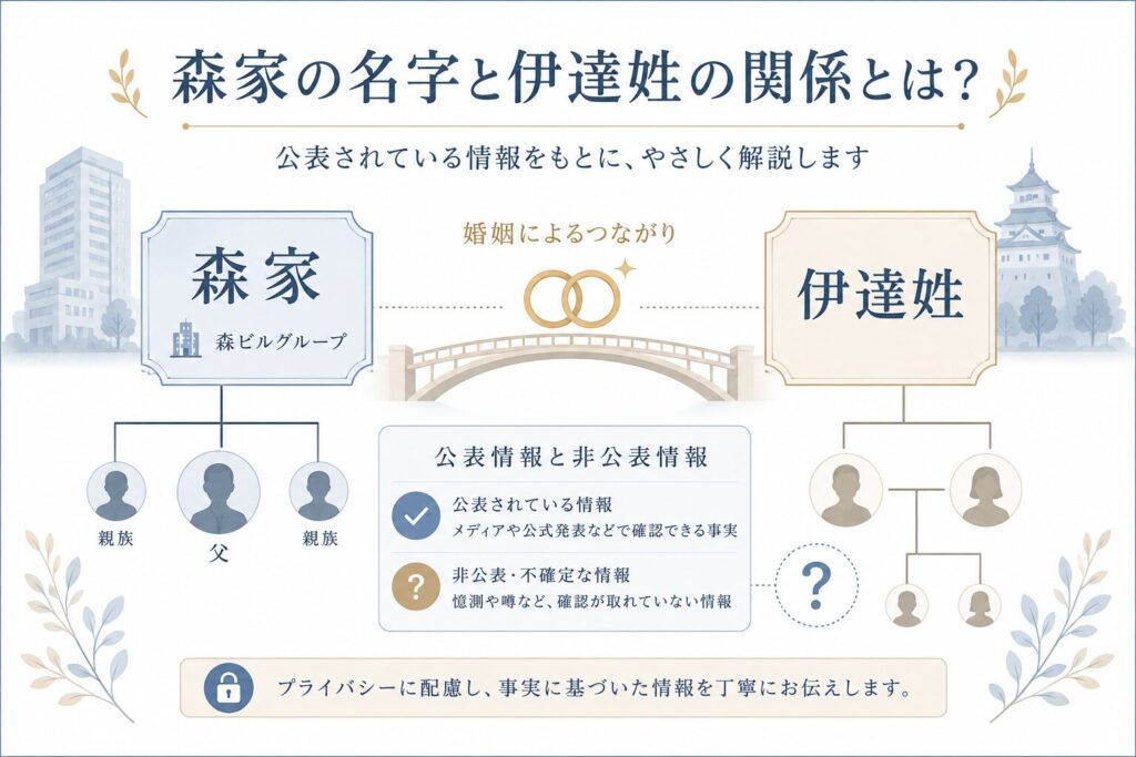 森家と伊達姓の関係や、夫・子供など非公開情報への配慮を表現したフラットイラスト