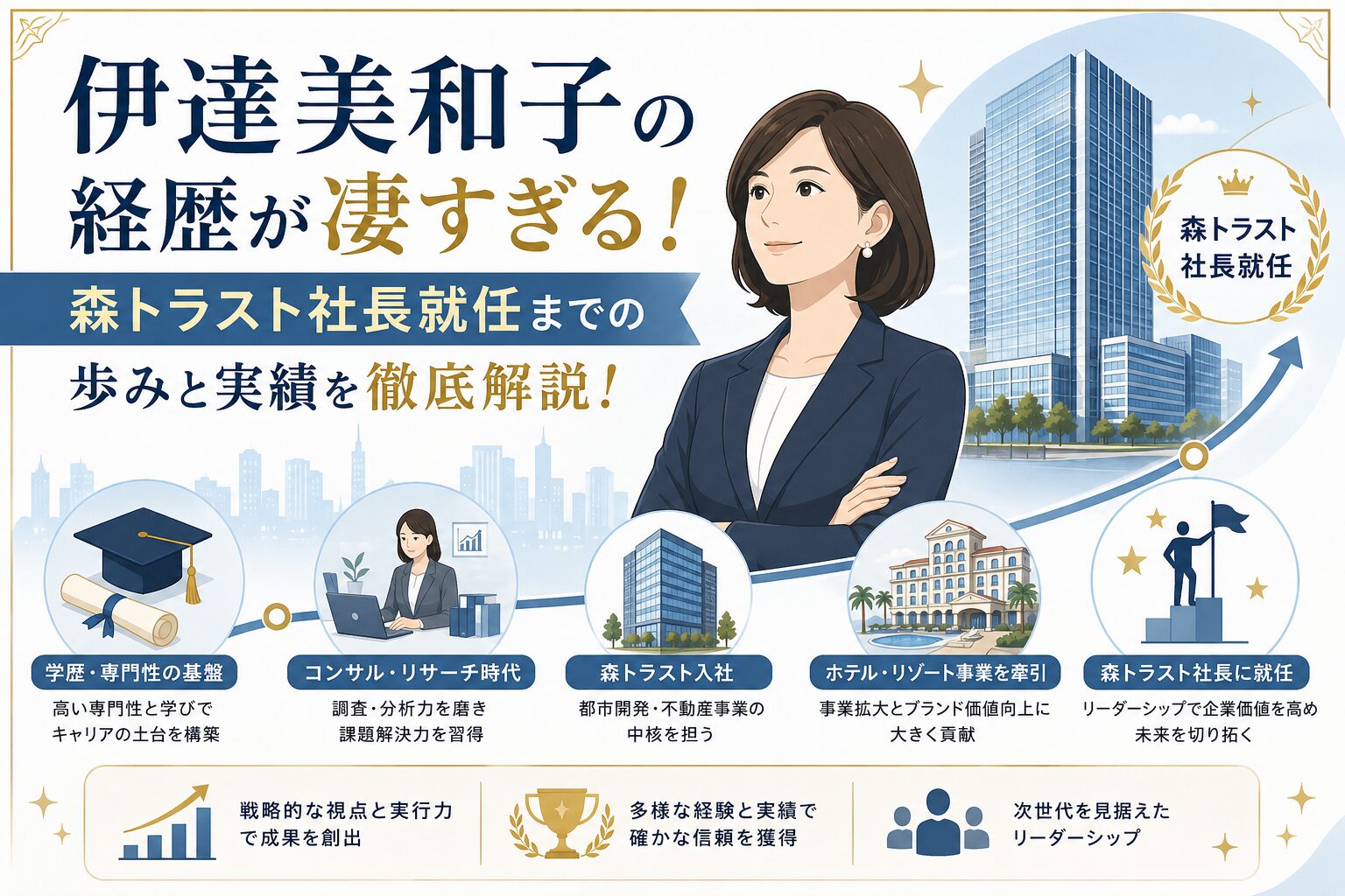 伊達美和子さんの経歴と学歴において、森トラスト社長就任までの歩みと実績をタイムライン風に分かりやすく表現したフラットイラストのアイキャッチ画像