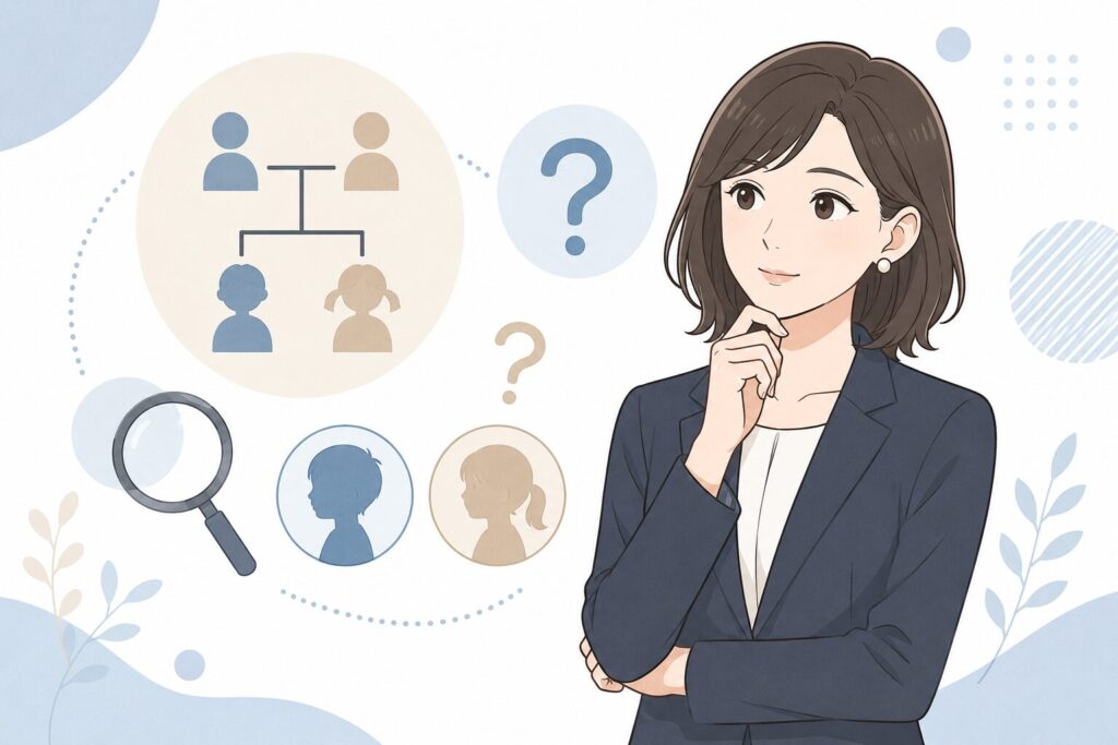 伊達美和子さんに子供はいるのか、息子や娘の存在を調査する様子を表したシンプルなフラットイラスト