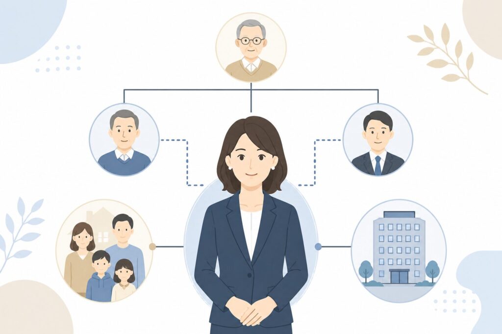 伊達美和子さんの夫や家族構成について整理する内容を表したシンプルな家系図風フラットイラスト