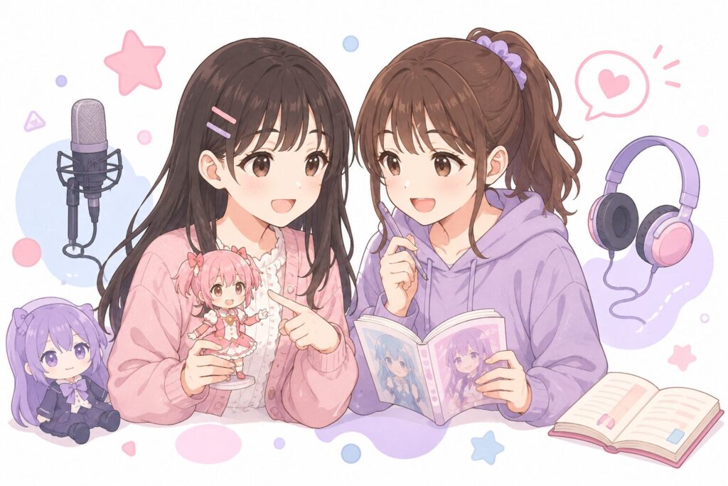 アニメや声優活動の共通点をイメージし、関連モチーフとともに描かれた2人のフラットイラスト。
