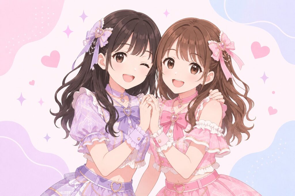 佐々木舞香と瀧脇笙古の仲の良さを表現した、笑顔で並ぶ2人のシンプルなフラットイラスト。