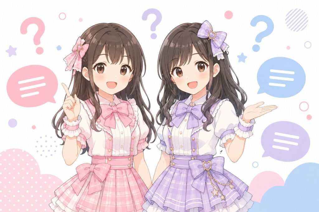質問と回答をイメージした吹き出しとともに、親しみやすく描かれた2人のフラットイラスト。