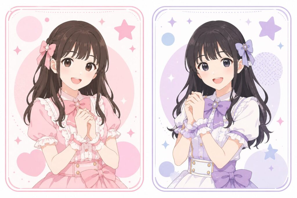佐々木舞香と瀧脇笙古を左右に並べ、プロフィール紹介をイメージしたフラットイラスト。