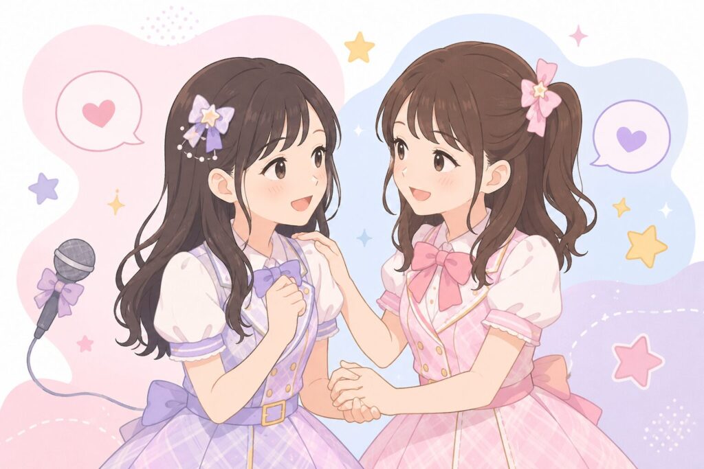 佐々木舞香と瀧脇笙古が会話や活動を通じて絆を深めている様子を表したフラットイラスト。