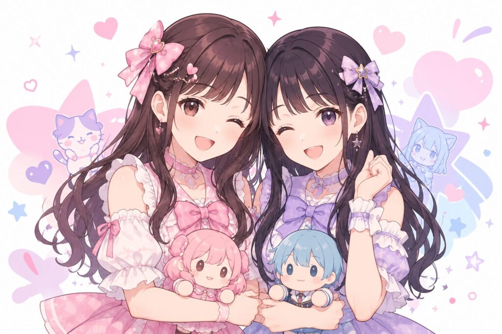 仲良しでアニメの共通点もある2人の魅力をまとめる、やさしい雰囲気のフラットイラスト。