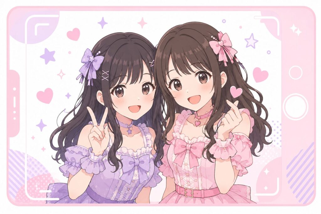 佐々木舞香と瀧脇笙古が仲良くツーショット風に並ぶ、写真モチーフ入りのフラットイラスト。