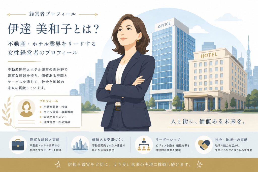 伊達美和子氏のプロフィールをイメージした、女性経営者とオフィスビル・ホテルを描いたフラットイラスト
