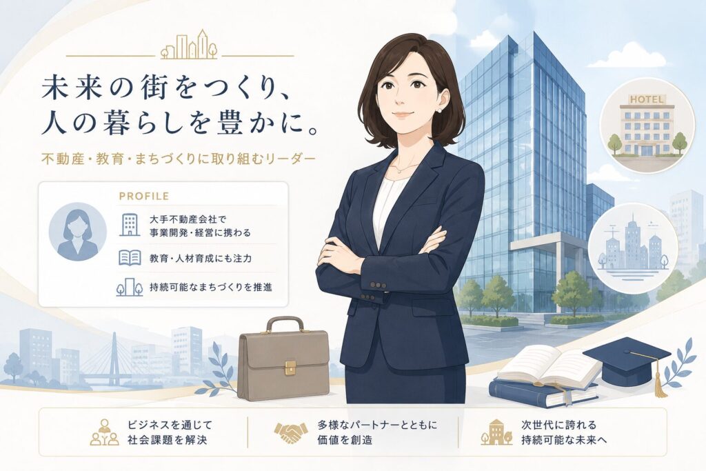 伊達美和子氏のプロフィール紹介をイメージした女性経営者と都市開発、学歴アイコンのフラットイラスト