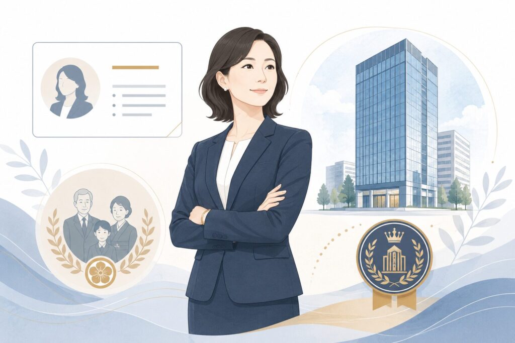 伊達美和子さんのプロフィールや森トラスト社長としての立場をイメージしたフラットイラスト