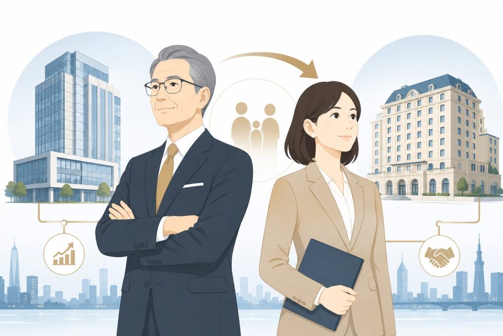 伊達美和子氏と父親の関係や事業継承をイメージした、父娘とビルを描いたフラットイラスト