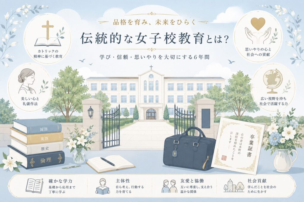 伊達美和子氏の出身高校をテーマに、伝統校の校舎や本、卒業証書を描いたフラットイラスト