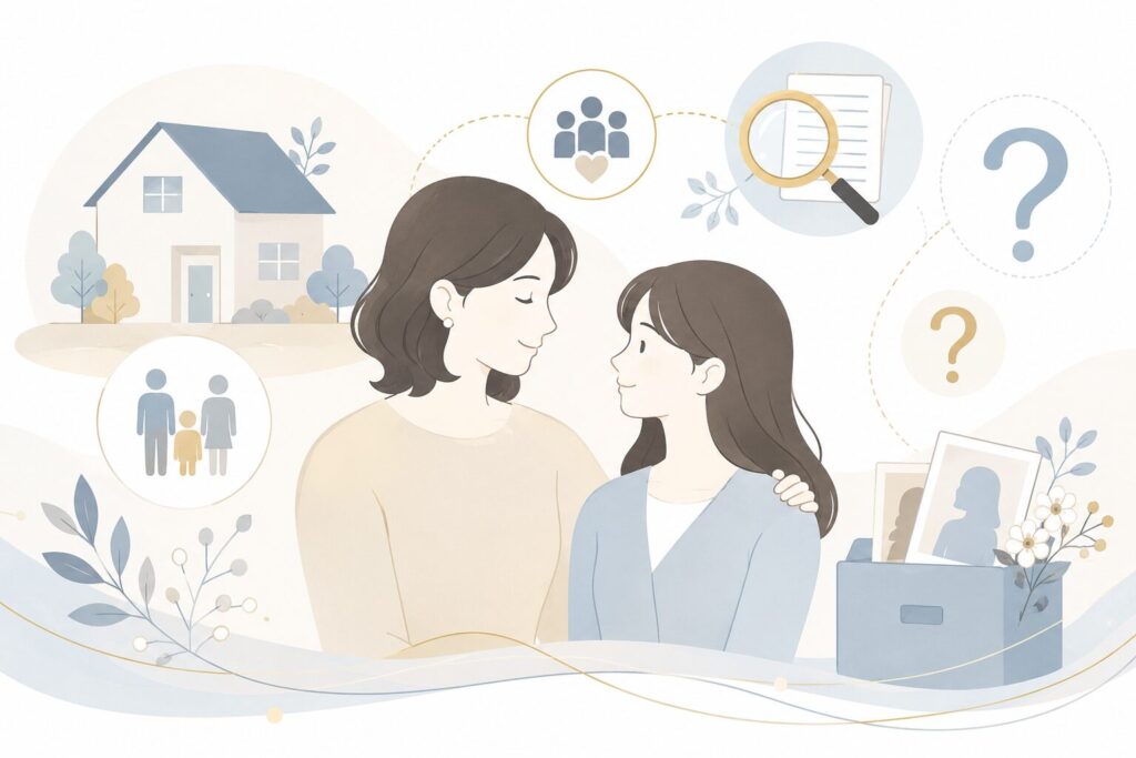 伊達美和子氏の母親に関する情報をイメージした、家族アイコンと虫眼鏡を組み合わせたフラットイラスト