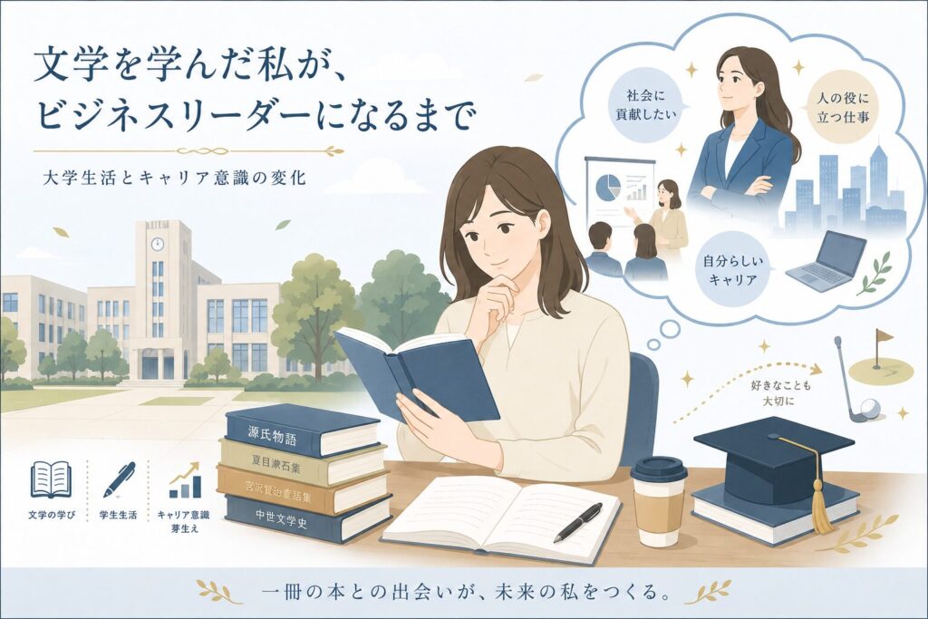 伊達美和子氏の大学時代をイメージし、文学部の学びや学生生活、将来の進路を表したフラットイラスト
