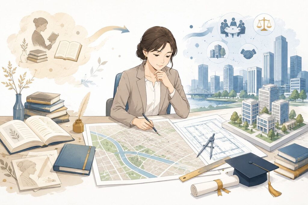 伊達美和子氏が大学院で都市政策や都市計画を学んだことをイメージした地図や建築図面のフラットイラスト